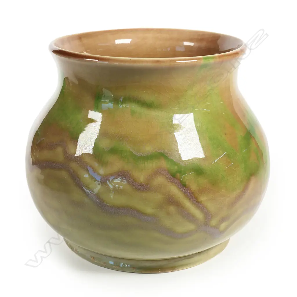 Crown Lynn Ambrico vase shape 29 - unusual green & brown glaze with early round backstamp pre-1948. H.160mm Image 1++