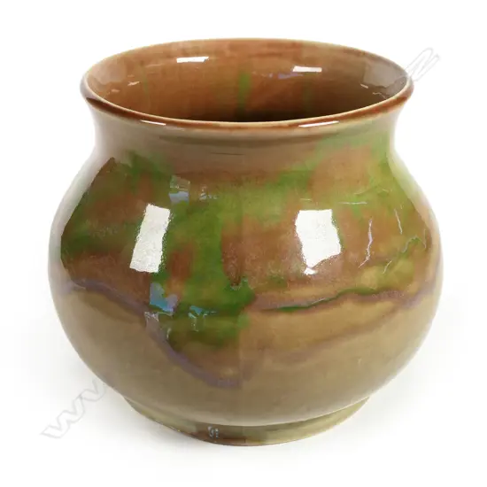 Crown Lynn Ambrico vase shape 29 - unusual green & brown glaze with early round backstamp pre-1948. H.160mm