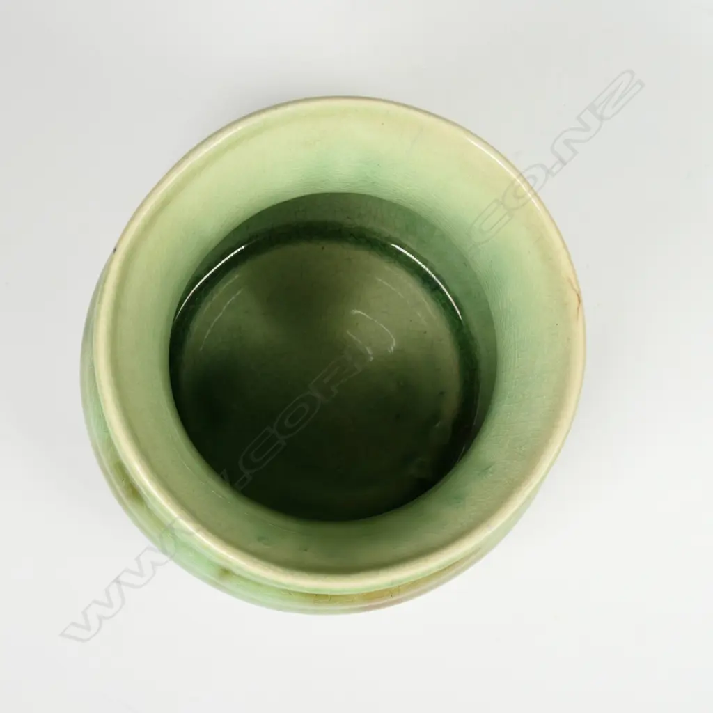 Crown Lynn Ambrico vase - green base glaze with brown highlights. Pre-1948 stamp to base and stamped numbers. H.150mm. Hairline and light crazing. Image 1++