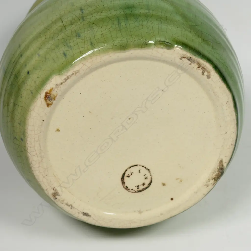 Crown Lynn Ambrico vase - green base glaze with brown highlights. Pre-1948 stamp to base and stamped numbers. H.150mm. Hairline and light crazing. Image 1++