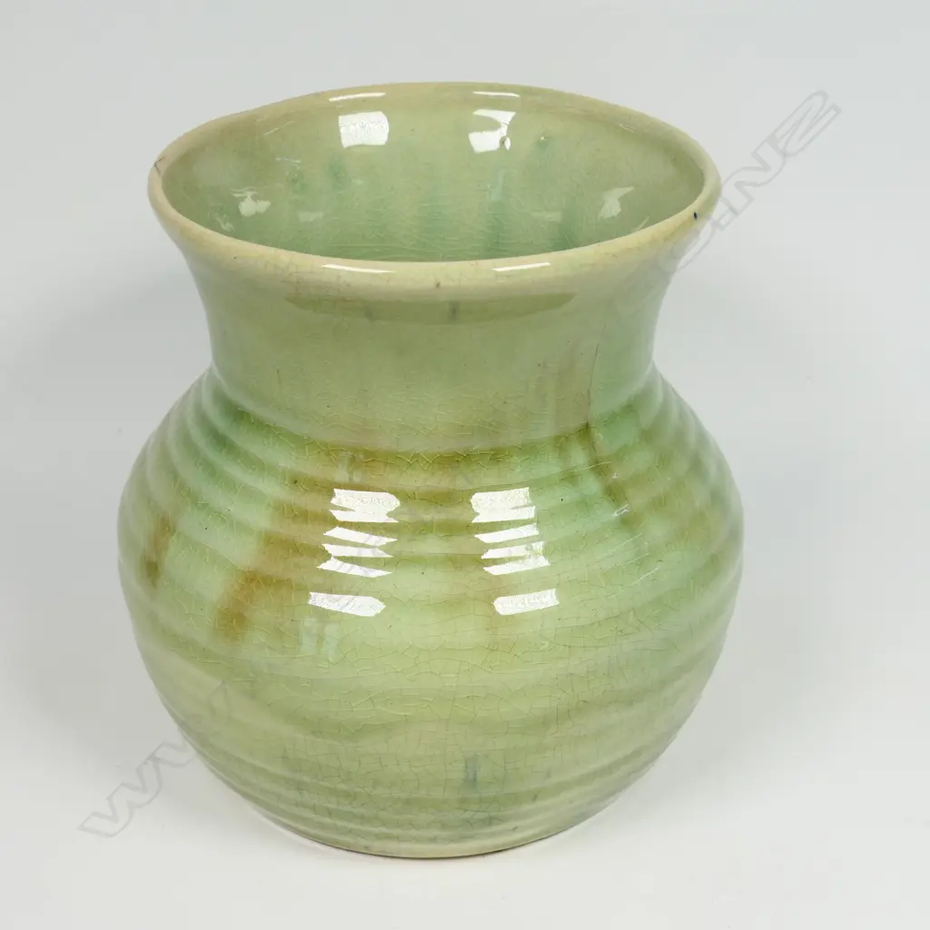 Crown Lynn Ambrico vase - green base glaze with brown highlights. Pre-1948 stamp to base and stamped numbers. H.150mm. Hairline and light crazing. Image 1++