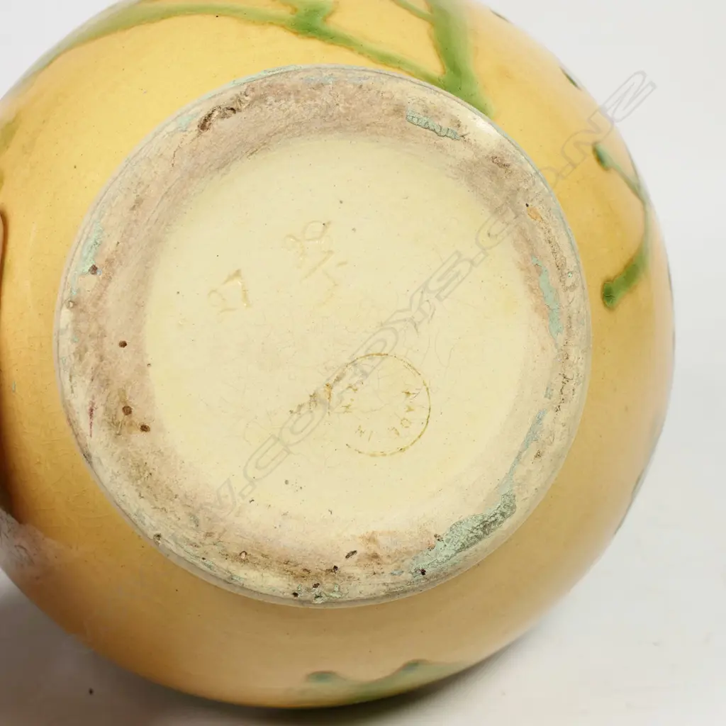 Crown Lynn Ambrico vase; mustard base with green overglaze. Pre-1948 stamp to base and stamped numbers. H.160mm. H Image 1++