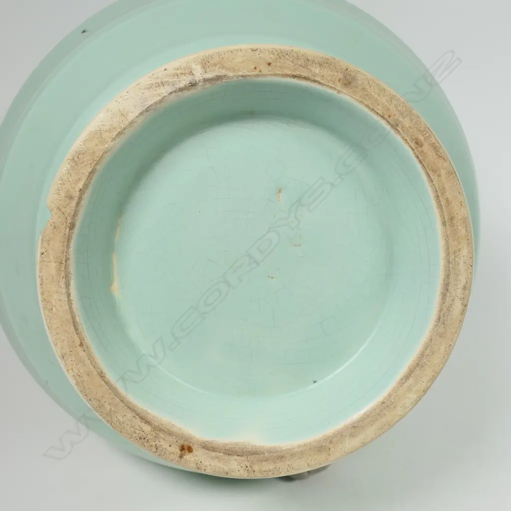 Crown Lynn Hand Potted pale teal green vase - medium size, shape 14 with six concave bands to the spherical body. Chip to foot. H.184mm. Image 1++