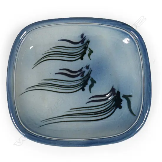 Merilyn Wiseman (1941-2019) large square platter; variegated blue base with sweeping fine lines. Dia.450mm