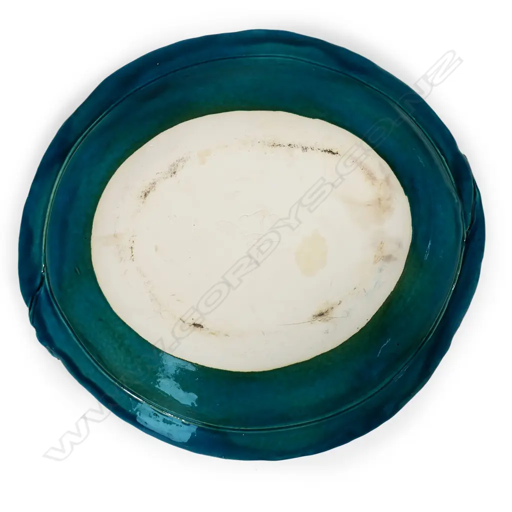 Merilyn Wiseman (1941-2019) large platter; thick turquoise blue glaze with incised wave design around rim. Dia.460mm Image 1++