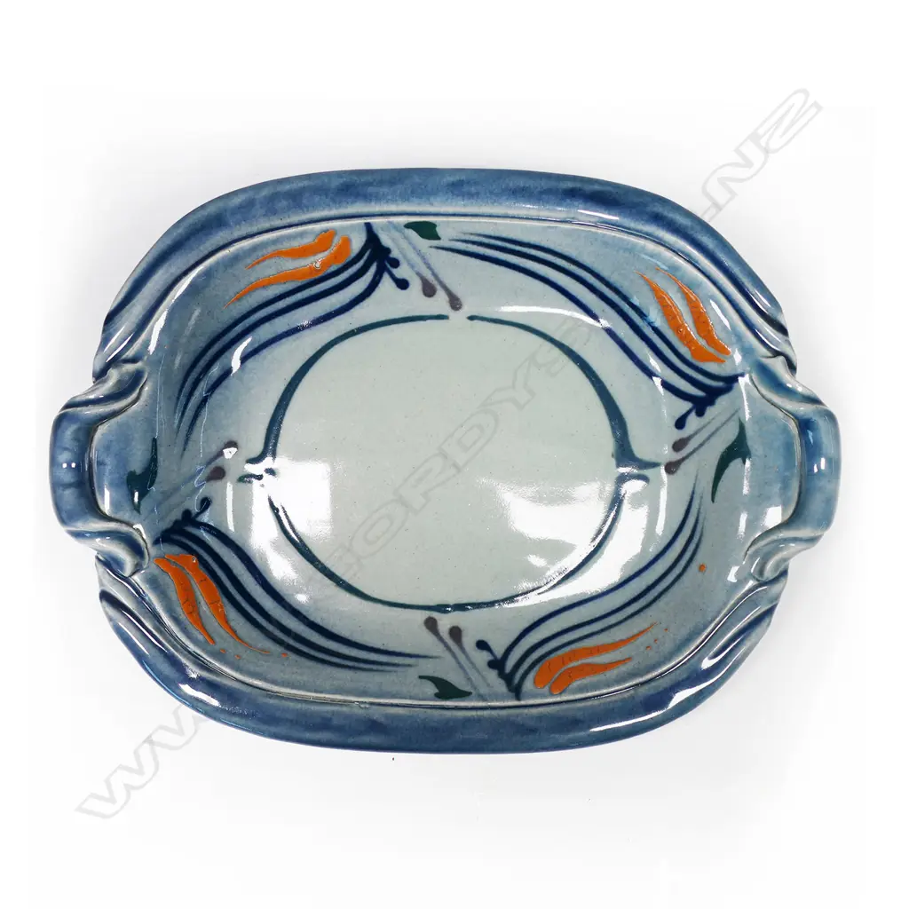 Merilyn Wiseman two handled dish with striking orange and blue glaze detail. 480 x 350mm. Image 1++