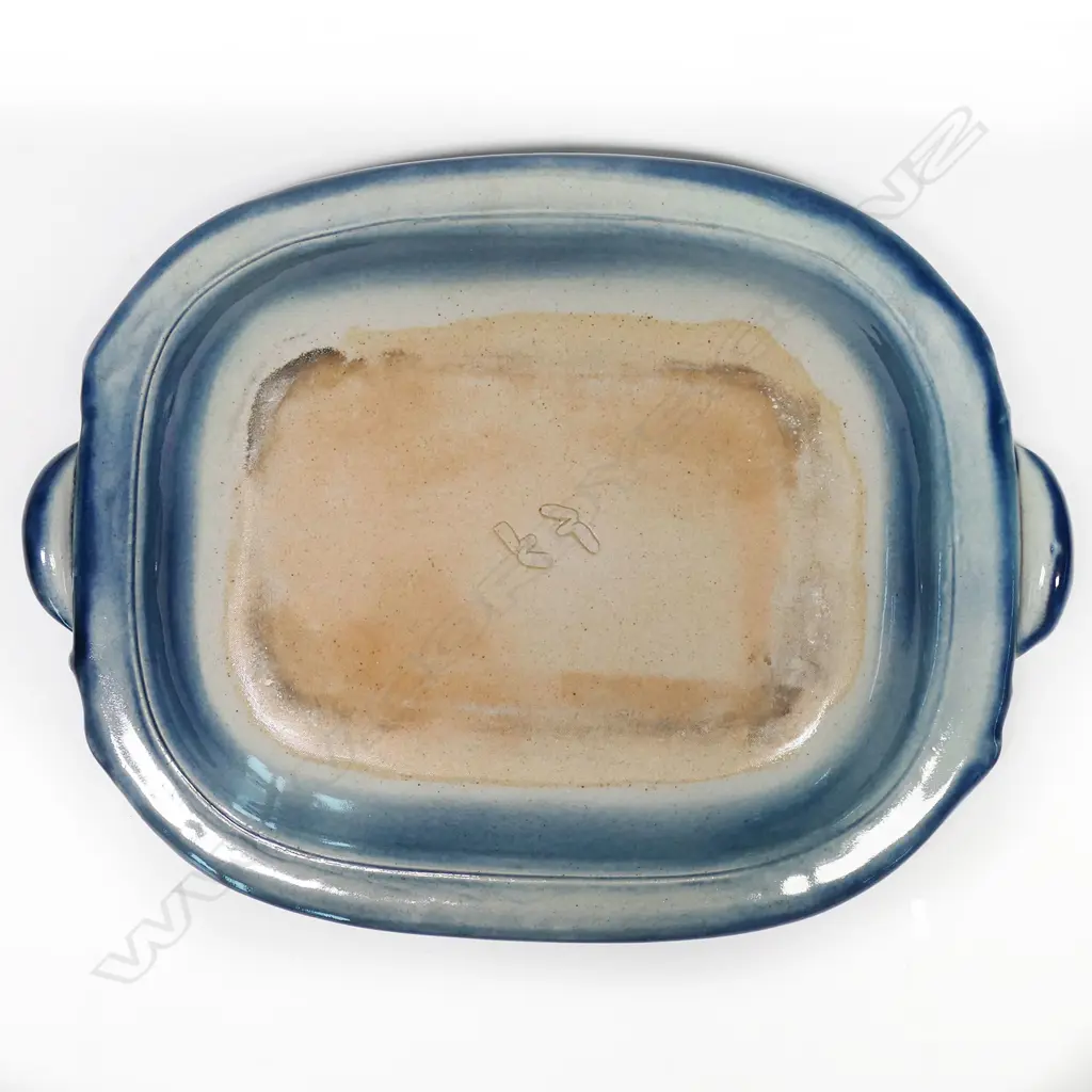 Merilyn Wiseman two handled dish with striking orange and blue glaze detail. 480 x 350mm. Image 1++