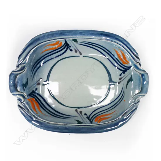 Merilyn Wiseman two handled dish with striking orange and blue glaze detail. 480 x 350mm.