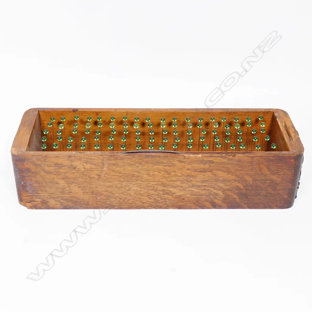 Sean Burke sculpture 'Knowledge (Western) A-E'. A singer sewing machine drawer with a full grid of piano wire lengths each terminating with a glass bead. 365 x 120 x 85mm. With purchase receipt from the Waiheke Community Art Gallery Image 1++