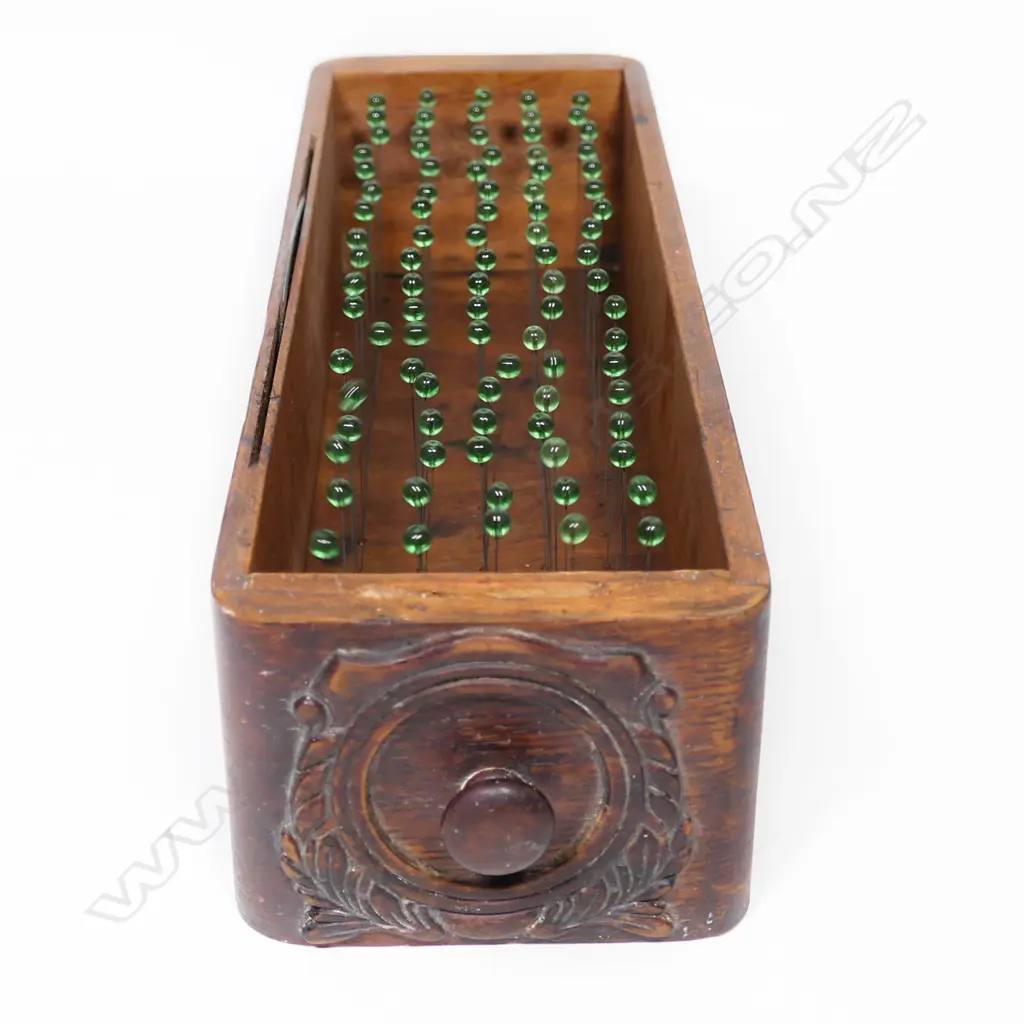Sean Burke sculpture 'Knowledge (Western) A-E'. A singer sewing machine drawer with a full grid of piano wire lengths each terminating with a glass bead. 365 x 120 x 85mm. With purchase receipt from the Waiheke Community Art Gallery Image 1++