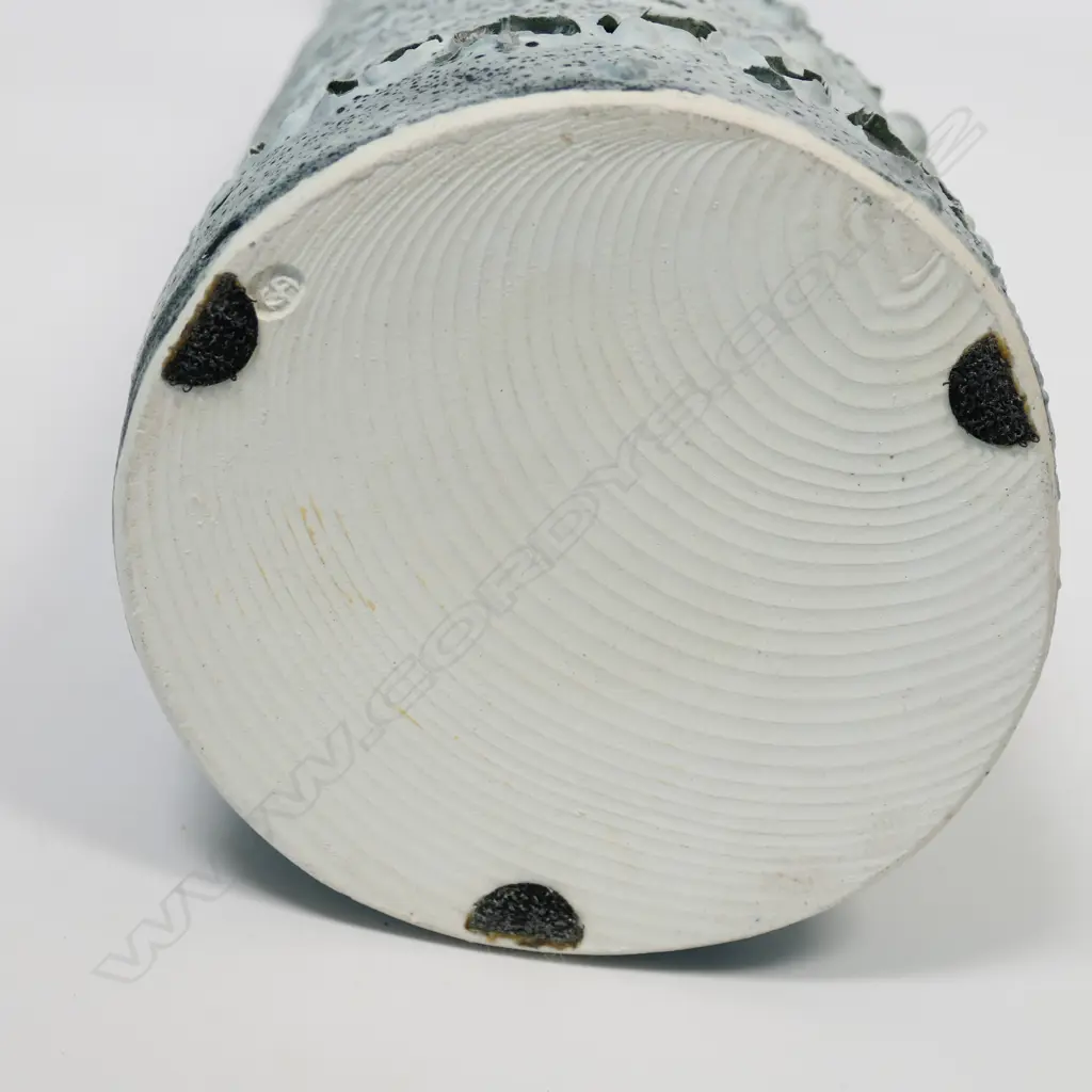 Graham Ambrose bubble glaze long bottle vase; the pale grey glaze on dark ground, long tapered cylindrical body. Impressed potters mark to base. H.485mm. Note: This unique high fired bubble glaze is one of four pieces made late 1990's early 2000's. Image 1++