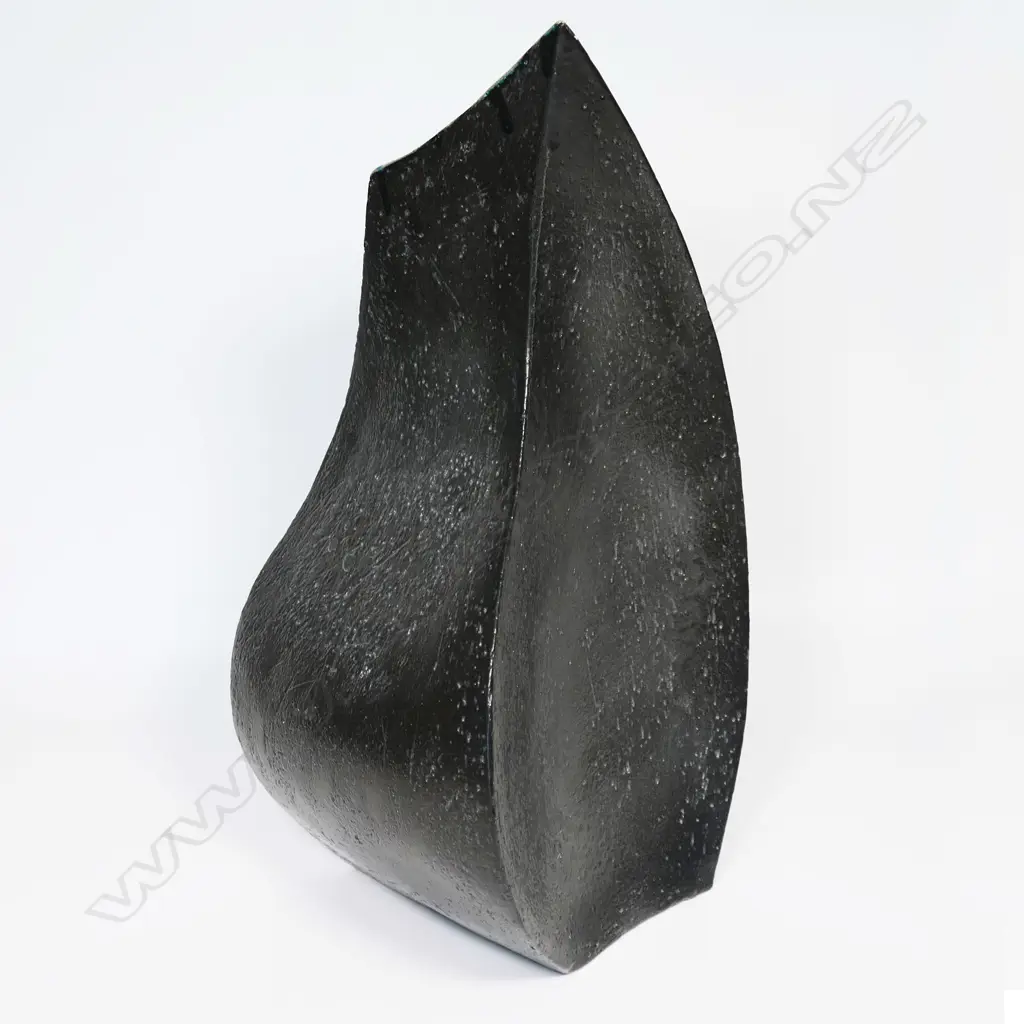 Graham Ambrose large 'Three Quarter Pot' with satin black glaze and blue gloss highlight to the rim and interior. The turning form with four sided base and three sided top. Incised potters mark to base. H.540mm, Image 1++