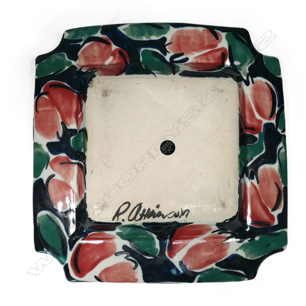 Raewyn Atkinson studio pottery squared dish; hand painted coloured glaze of red florals on blue. Signed and labelled. W.305mm. Image 1++