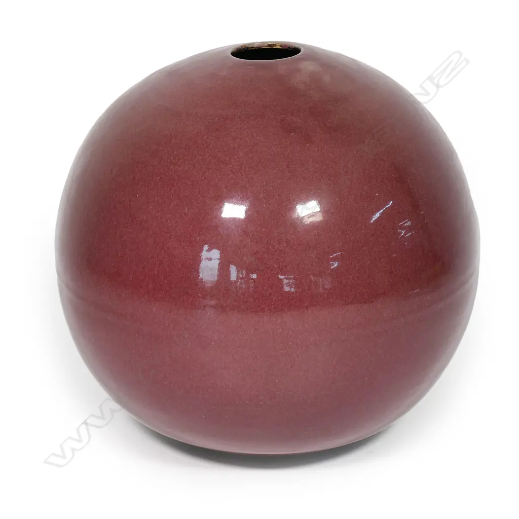 Richard Cadness large plum glazed orb vase with small aperture on top. Impressed monogram to base. H.250mm. Provenance: purchased from gallery 1980s. Image 1++