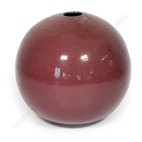 Richard Cadness large plum glazed orb vase with small aperture on top. Impressed monogram to base. H.250mm. Provenance: purchased from gallery 1980s.