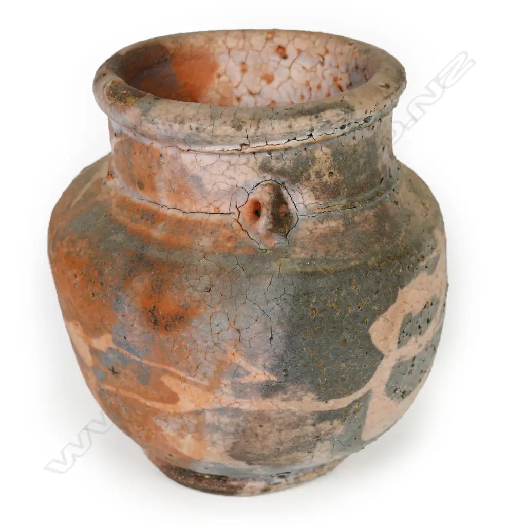 Chester Nealie anagama vase - the soft red body with painted decoration under the pale and grey variable glaze. Small lug handles. Incised potter's marks. H.130mm. Image 1++