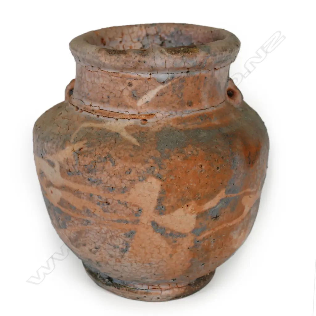 Chester Nealie anagama vase - the soft red body with painted decoration under the pale and grey variable glaze. Small lug handles. Incised potter's marks. H.130mm. Image 1++