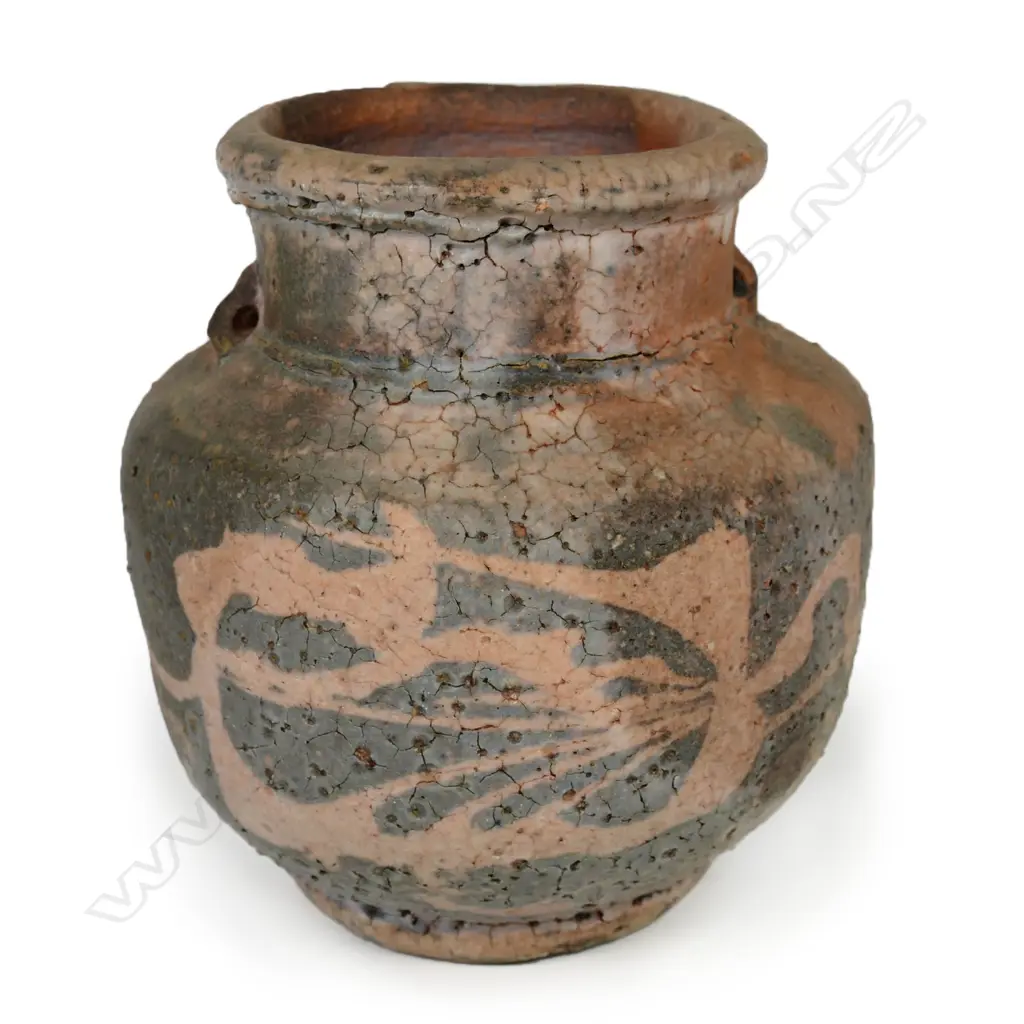 Chester Nealie anagama vase - the soft red body with painted decoration under the pale and grey variable glaze. Small lug handles. Incised potter's marks. H.130mm. Image 1++