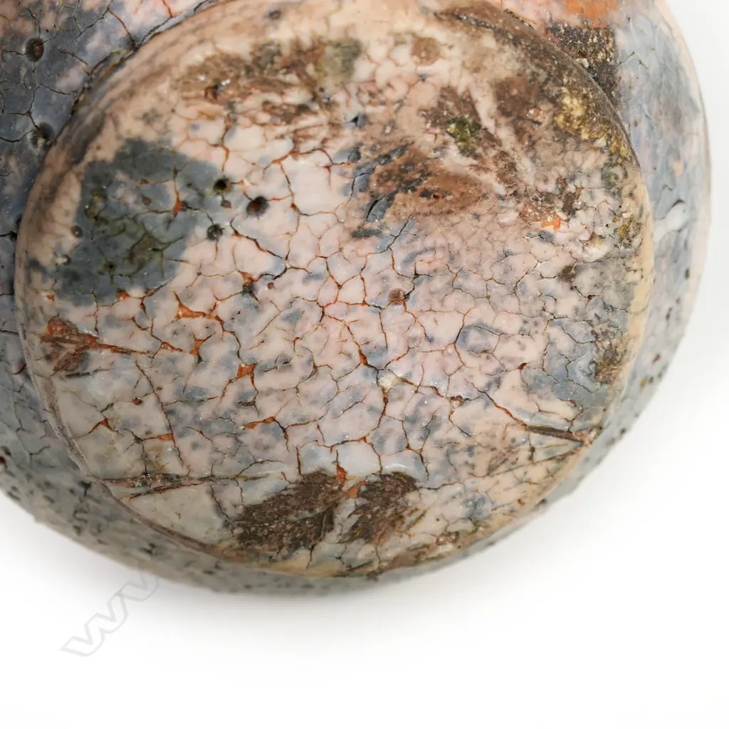 Chester Nealie anagama vase - the soft red body with painted decoration under the pale and grey variable glaze. Small lug handles. Incised potter's marks. H.130mm. Image 1++