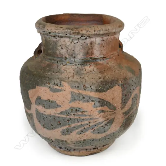 Chester Nealie anagama vase - the soft red body with painted decoration under the pale and grey variable glaze. Small lug handles. Incised potter's marks. H.130mm.