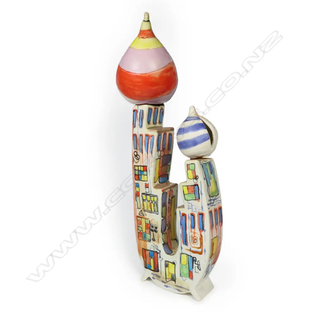 Ian Firth (1931-2002) modernist tower sculpture - A hand painted cubed structure topped with domes. Potter's mark to base, H.390mm (repaired) Image 1++