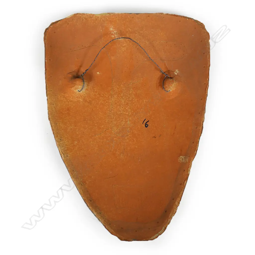 Steve Fullmer 'Head of Justice' wall shield; central facial features framed with matte glazed brushed strokes. Wall hanging attachments to rear. Signed. 520 x 380mm (tiny chip to glaze on outer rim) Image 1++