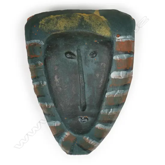 Steve Fullmer 'Head of Justice' wall shield; central facial features framed with matte glazed brushed strokes. Wall hanging attachments to rear. Signed. 520 x 380mm (tiny chip to glaze on outer rim)