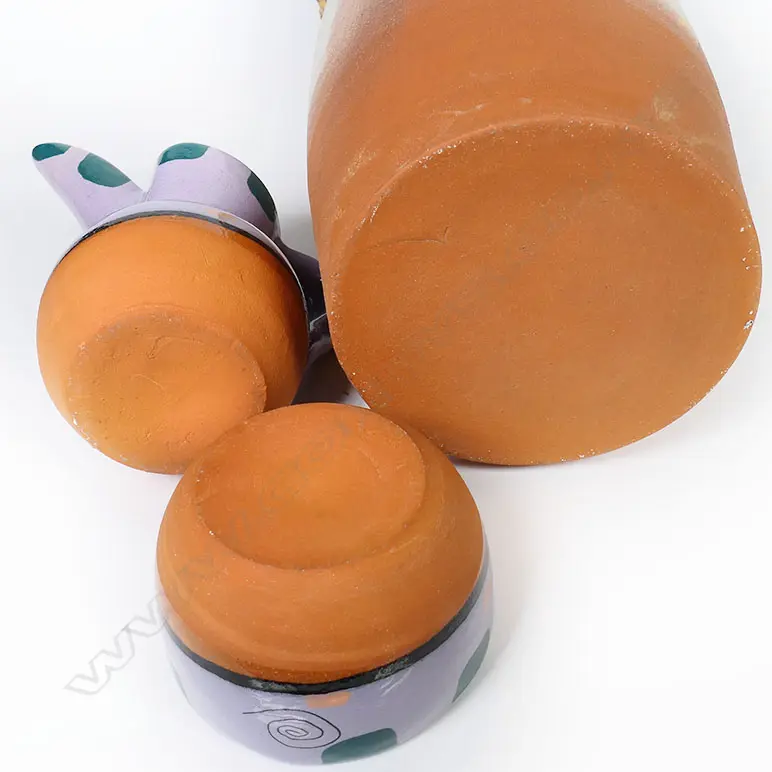 Steve Fullmer (Nelson) wine cooler, small jug and matching bowl - jug and bowl in vivid mauve glaze. Incised and glazed decoration, the jug with tall spout. Cooler H.235mm. Jug H.130mm. Vendor's note: Bought directly from the potter. Image 1++