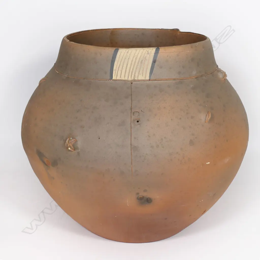Steve Fullmer large ovoid vessel - the smooth matt surface with restrained worked detail of small revealing pods, incised fine lineal and dot decoration, painted banded detail to the rim. Slight tonal variation from firing effects. Impressed potter's mark. H.360mm. Dia.420mm. Image 1++