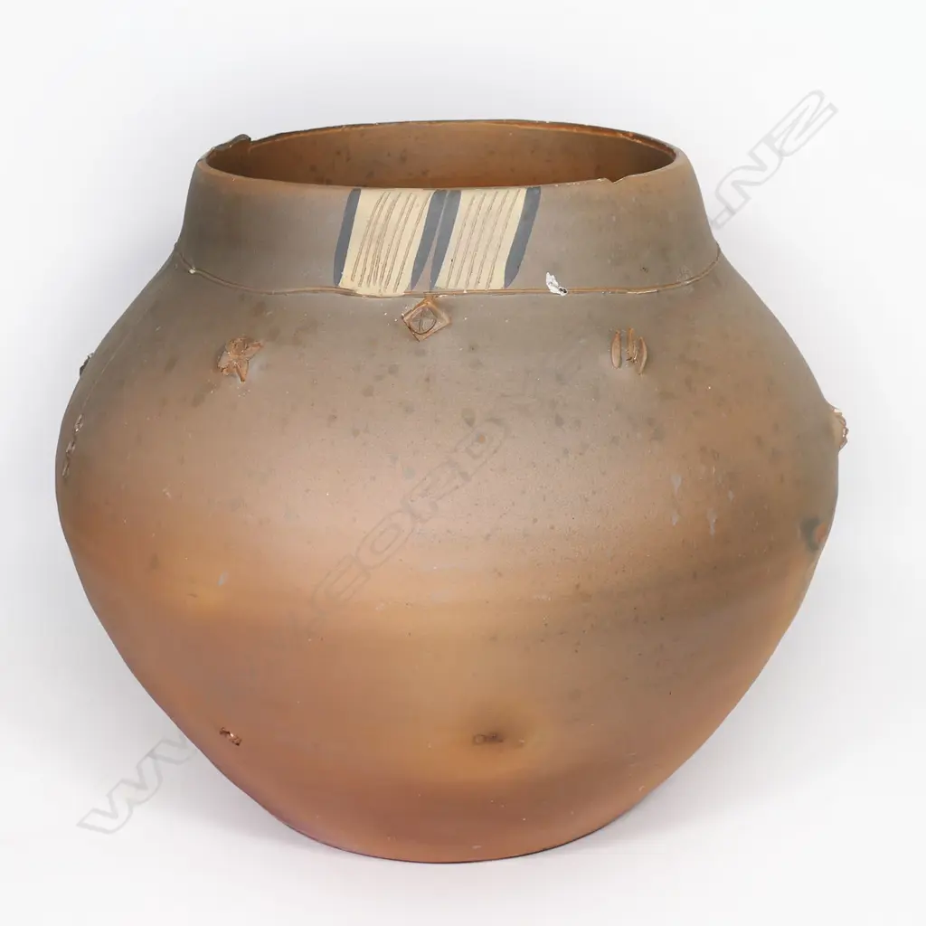 Steve Fullmer large ovoid vessel - the smooth matt surface with restrained worked detail of small revealing pods, incised fine lineal and dot decoration, painted banded detail to the rim. Slight tonal variation from firing effects. Impressed potter's mark. H.360mm. Dia.420mm. Image 1++
