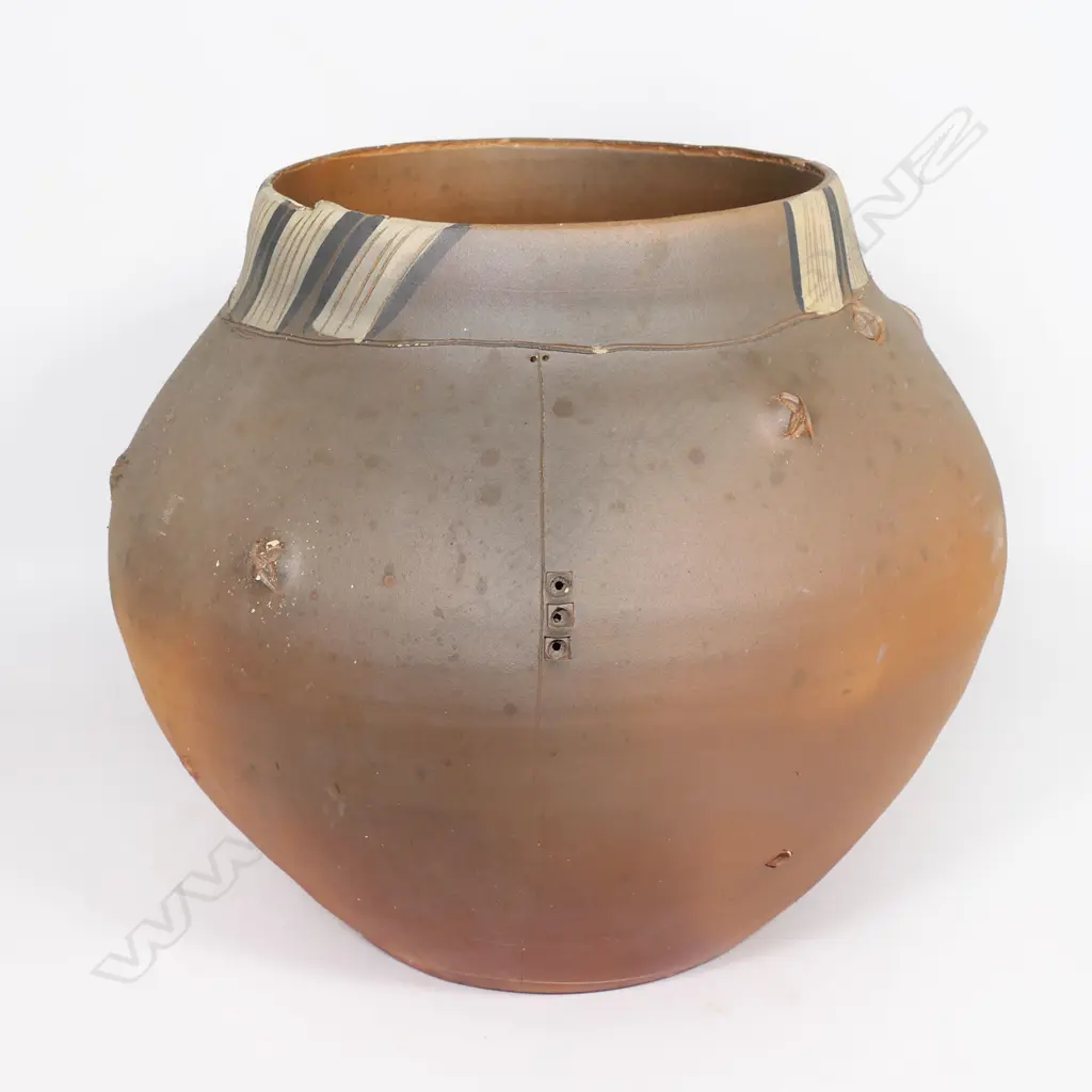 Steve Fullmer large ovoid vessel - the smooth matt surface with restrained worked detail of small revealing pods, incised fine lineal and dot decoration, painted banded detail to the rim. Slight tonal variation from firing effects. Impressed potter's mark. H.360mm. Dia.420mm. Image 1++