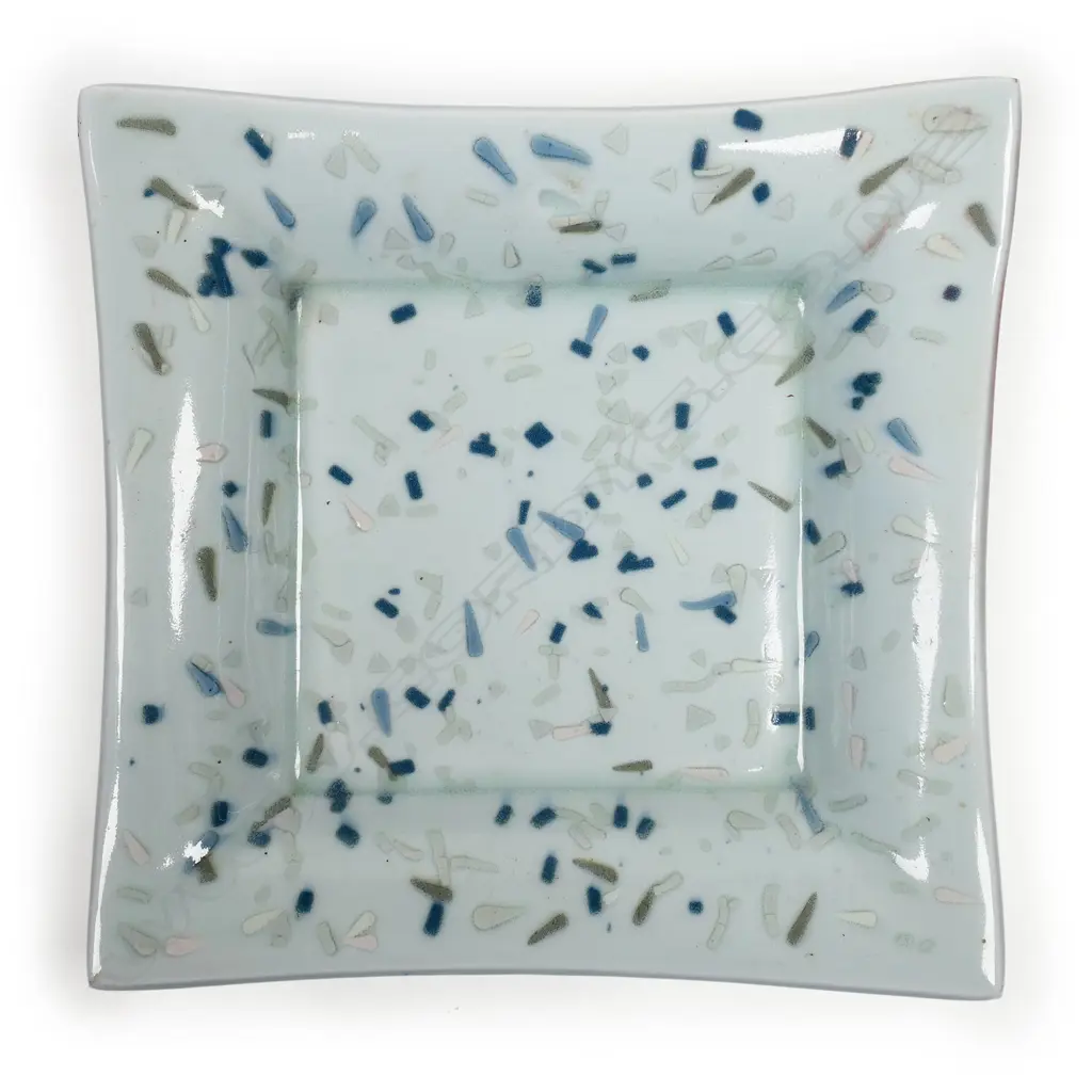 Scott Hockenhull square dish; chun glazed square footed dish decorated with coloured flecks. Signed and dated to base '83. Dia.215mm Image 1++