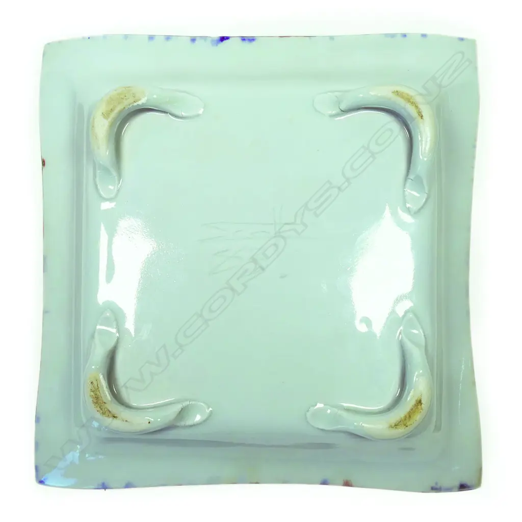 Scott Hockenhull square dish; chun glazed square footed dish decorated with coloured flecks. Signed and dated to base '83. Dia.215mm Image 1++