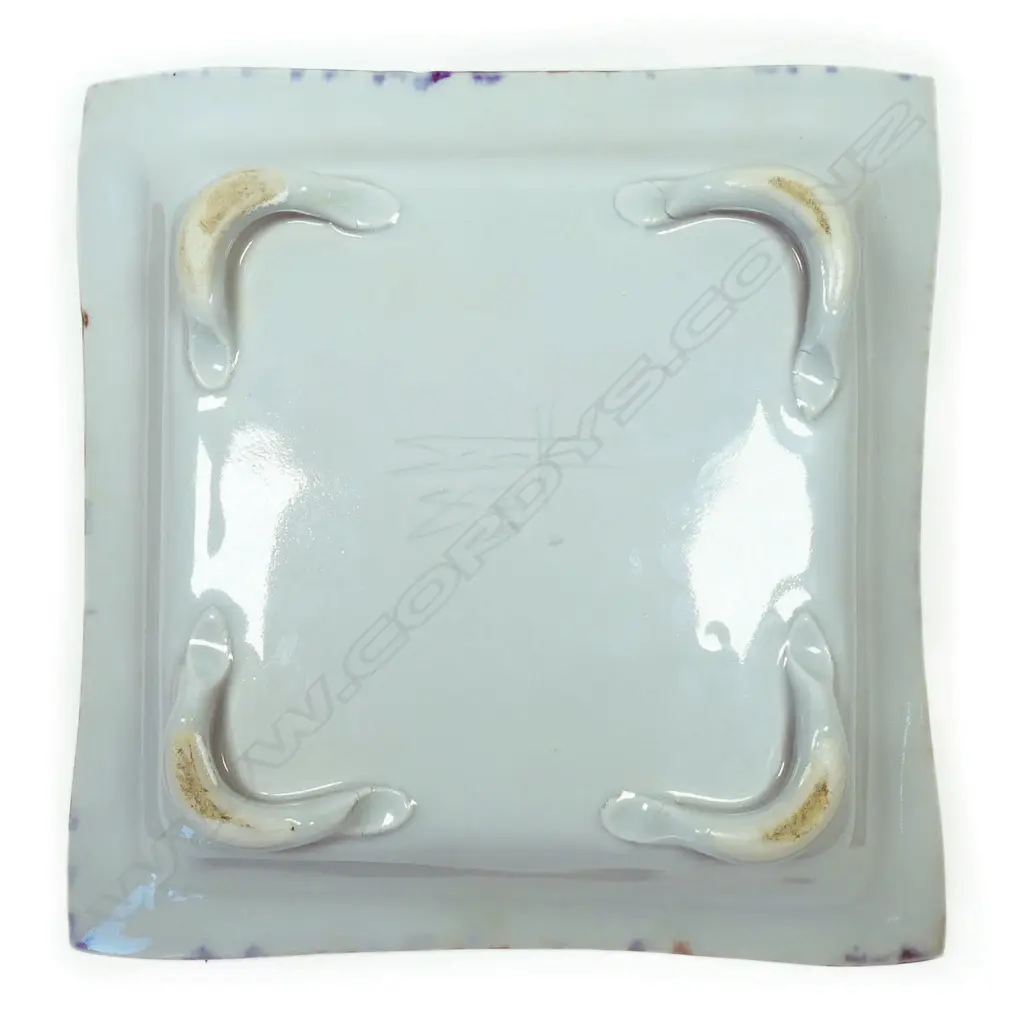 Scott Hockenhull chequered square dish; a weighty footed dish with raised sides and internal high gloss chequerboard design. Signed and dated to base '83. Dia.240mm Image 1++