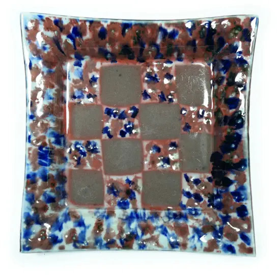 Scott Hockenhull chequered square dish; a weighty footed dish with raised sides and internal high gloss chequerboard design. Signed and dated to base '83. Dia.240mm