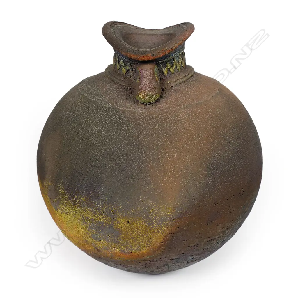 Mark James spherical vase; raku fired with altered mouth and lug handles. Earth tones with copper glaze highlights. Potter's stamp to base. H.165mm Image 1++