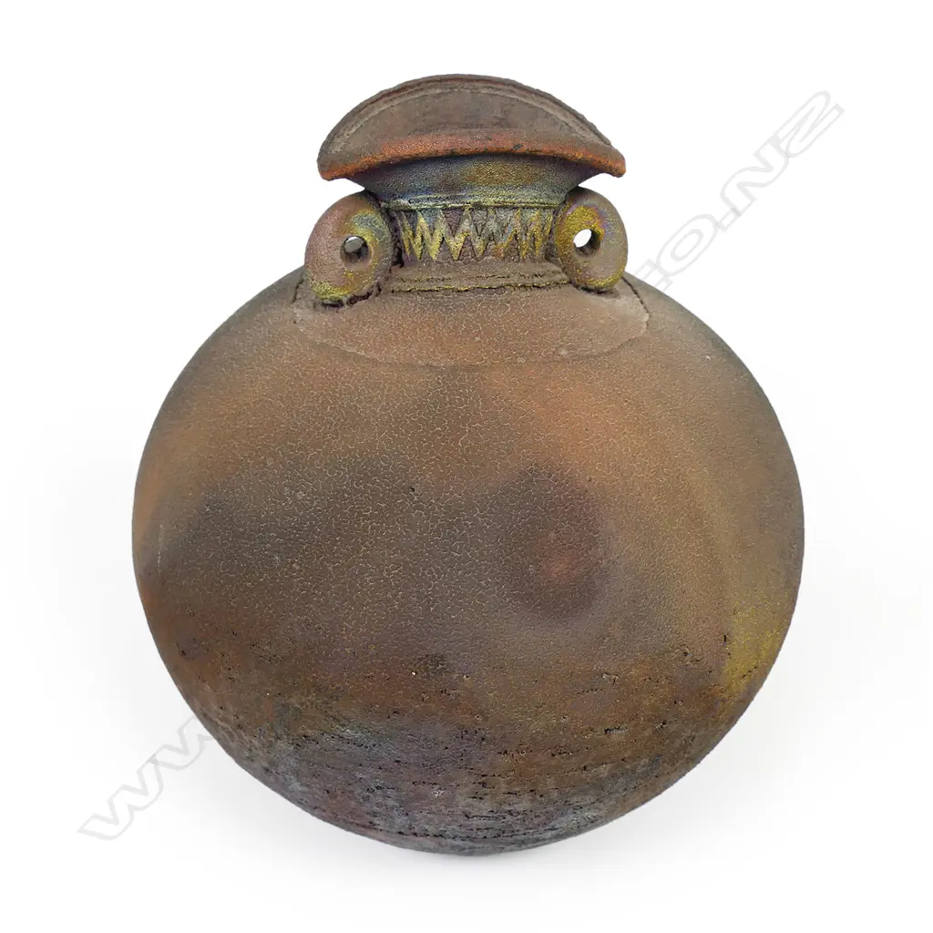 Mark James spherical vase; raku fired with altered mouth and lug handles. Earth tones with copper glaze highlights. Potter's stamp to base. H.165mm Image 1++