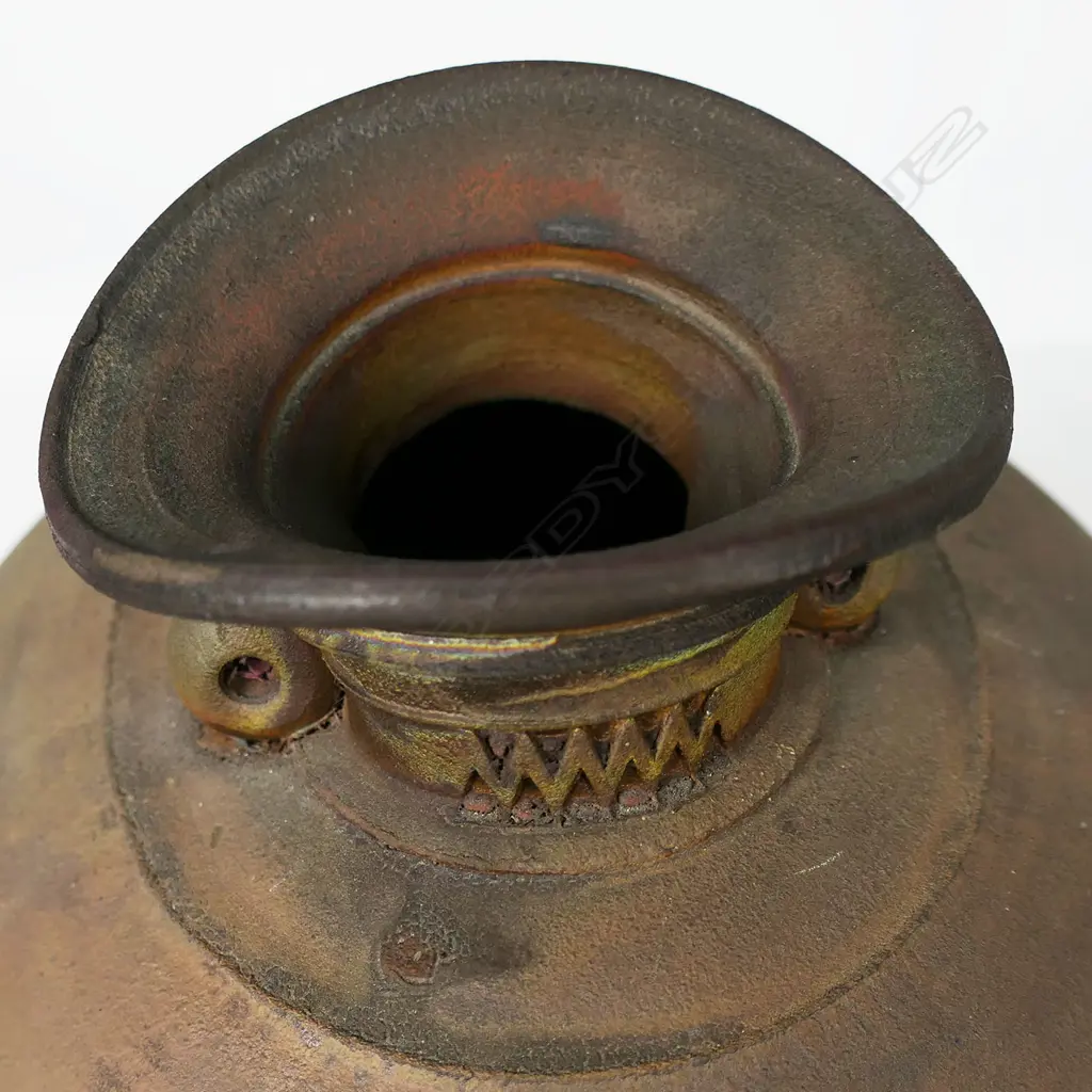 Mark James raku fired ovoid vase with a golden burnished exterior and 2 lugs on the flared neck. H.200mm Image 1++