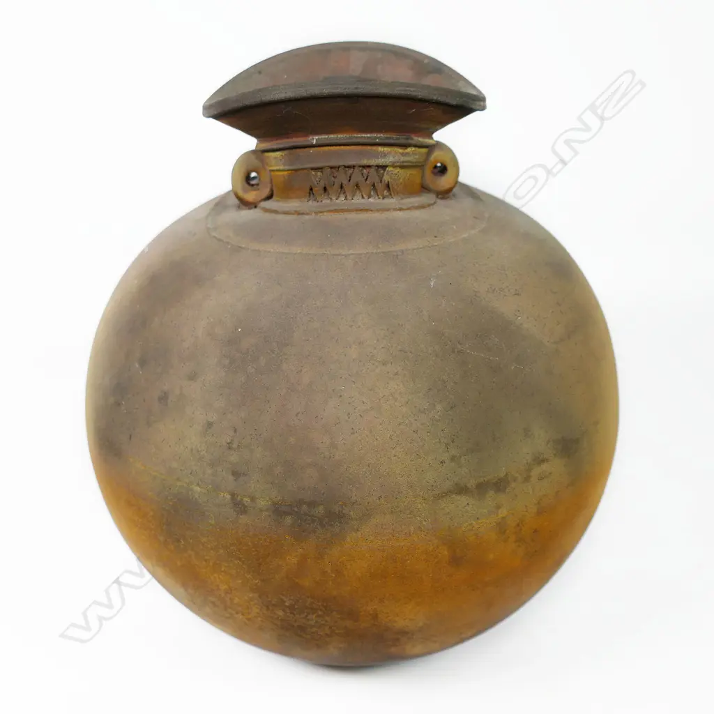 Mark James raku fired ovoid vase with a golden burnished exterior and 2 lugs on the flared neck. H.200mm Image 1++