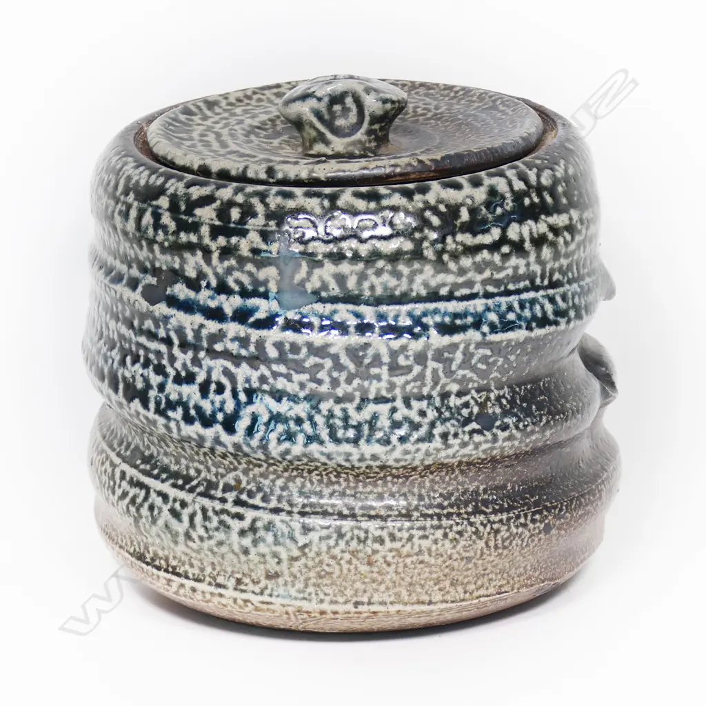 John Madden salt glaze pottery lidded jar dark blue cobalt glaze incised bands and dimples. H.175mm. Image 1++