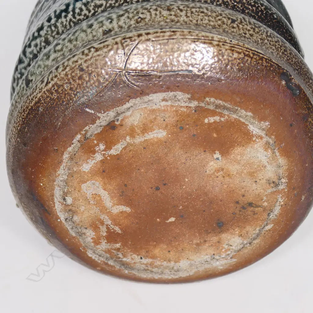 John Madden salt glaze pottery lidded jar dark blue cobalt glaze incised bands and dimples. H.175mm. Image 1++