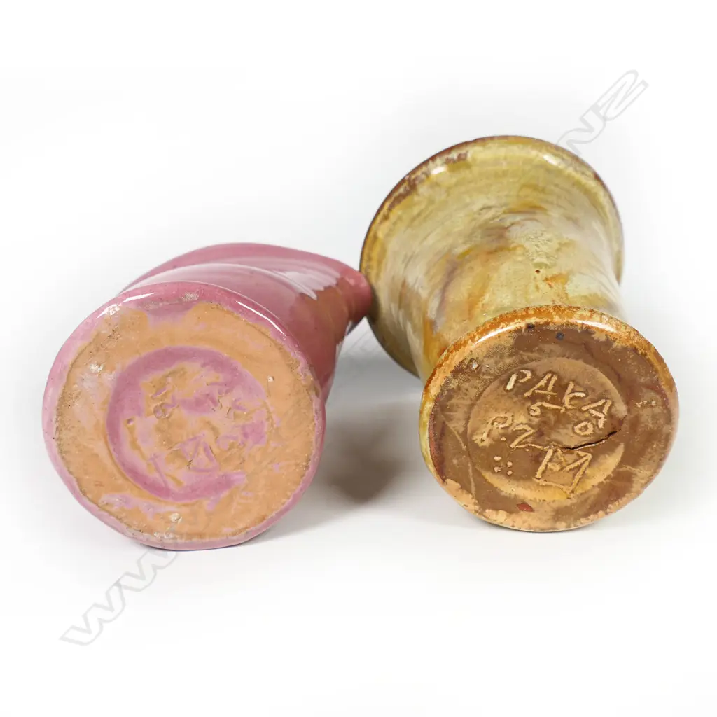 Two Elizabeth Matheson pottery vases - incised marks and dates 1950 & 1956 H's.125 & 113mm. Note: The mark 'PAKA' is the Māori word for baked. Image 1++