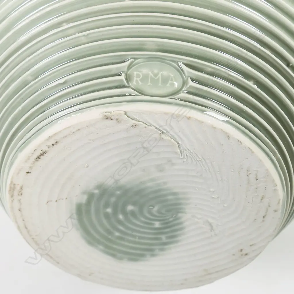 Ross Mitchell-Anyon (1954-1922) vase; celadon glazed lathe turned bulbous form with trumpet mouth, H.290mm Image 1++