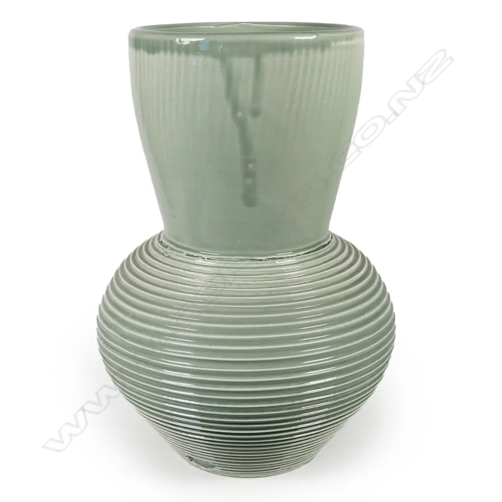 Ross Mitchell-Anyon (1954-1922) vase; celadon glazed lathe turned bulbous form with trumpet mouth, H.290mm Image 1++