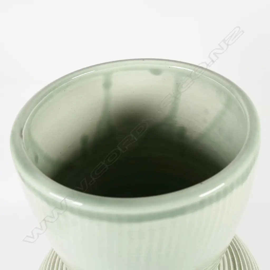 Ross Mitchell-Anyon (1954-1922) vase; celadon glazed lathe turned bulbous form with trumpet mouth, H.290mm Image 1++