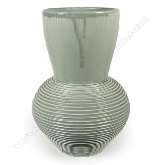 Ross Mitchell-Anyon (1954-1922) vase; celadon glazed lathe turned bulbous form with trumpet mouth, H.290mm