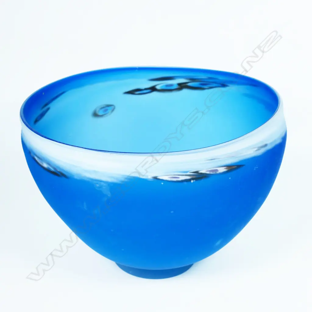 Lynette Campbell (-2005) large blue footed glass bowl. Matte blue finish with millefiori detail and white band around the rim. Signed and dated '96 to base. H.180mm Dia.240mm Image 1++