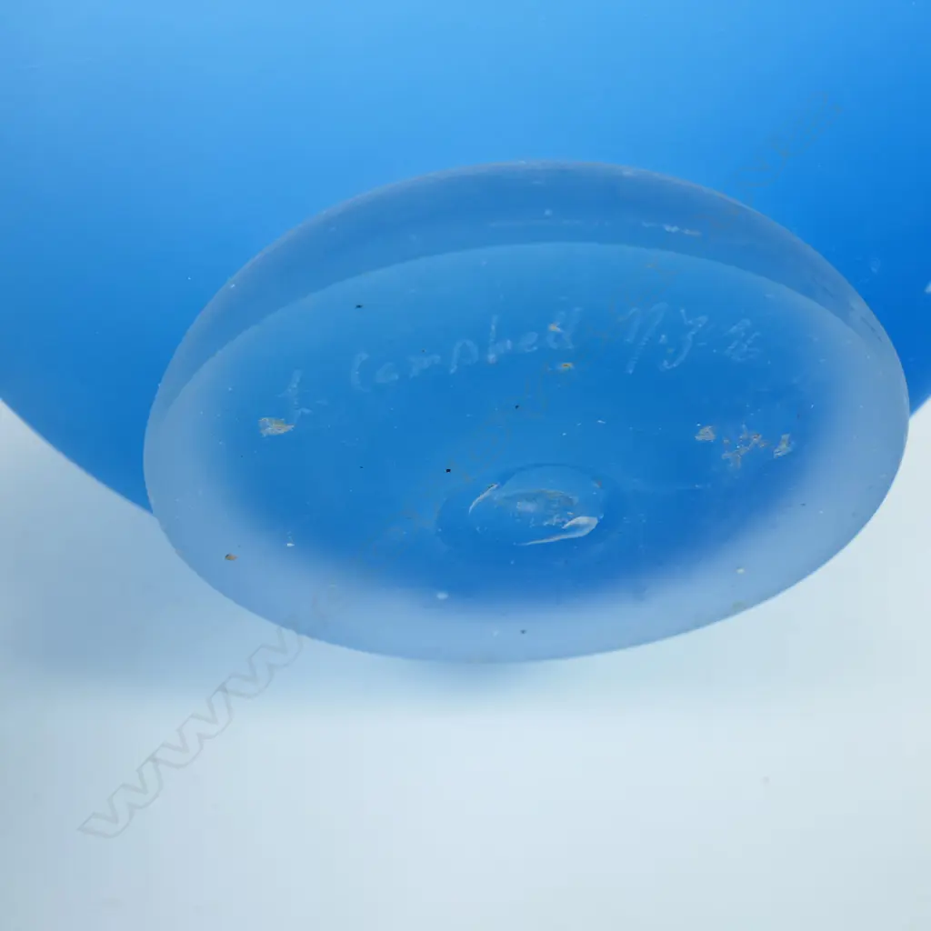 Lynette Campbell (-2005) large blue footed glass bowl. Matte blue finish with millefiori detail and white band around the rim. Signed and dated '96 to base. H.180mm Dia.240mm Image 1++