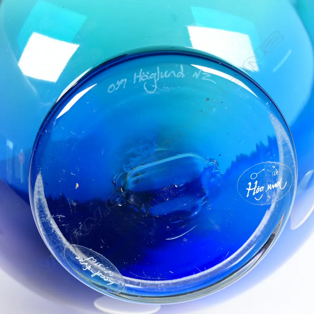 Ola and Marie Hoglund footed glass Graal bowl. Blue-green and purple with clear circular highlights. Signature etched to base. Dia.180mm H.150mm Image 1++