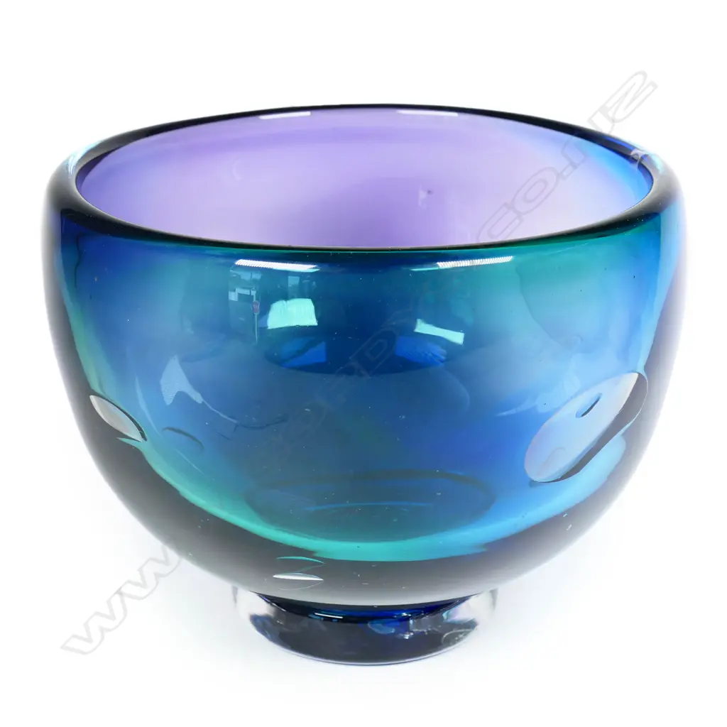 Ola and Marie Hoglund footed glass Graal bowl. Blue-green and purple with clear circular highlights. Signature etched to base. Dia.180mm H.150mm Image 1++
